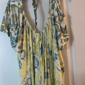 Free People Yellow Blue Floral Short Sleeve Top